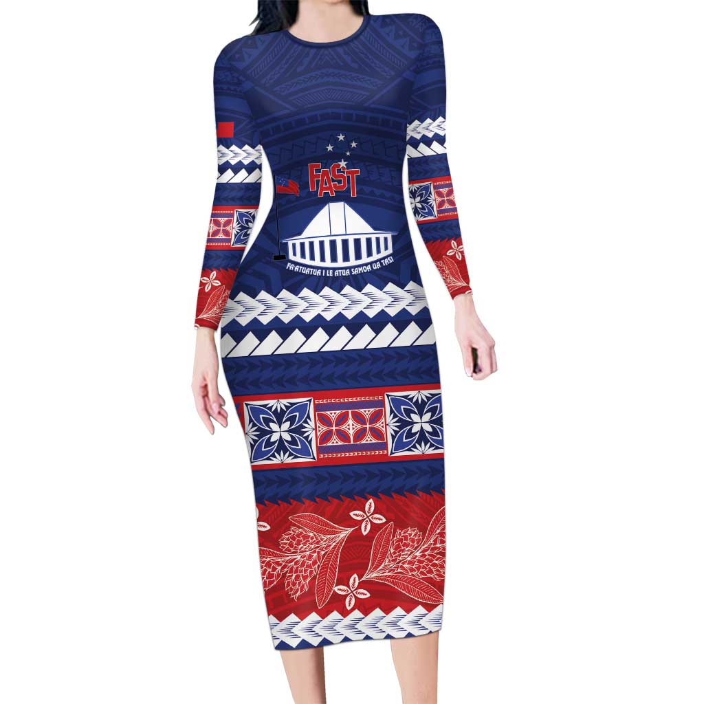Personalised FAST Samoa Siapo Family Matching Long Sleeve Bodycon Dress and Hawaiian Shirt Teuila Flowers Samoan Pattern LT14 Mom's Dress Blue - Polynesian Pride