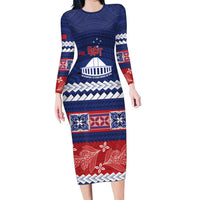 Personalised FAST Samoa Siapo Family Matching Long Sleeve Bodycon Dress and Hawaiian Shirt Teuila Flowers Samoan Pattern LT14 Mom's Dress Blue - Polynesian Pride