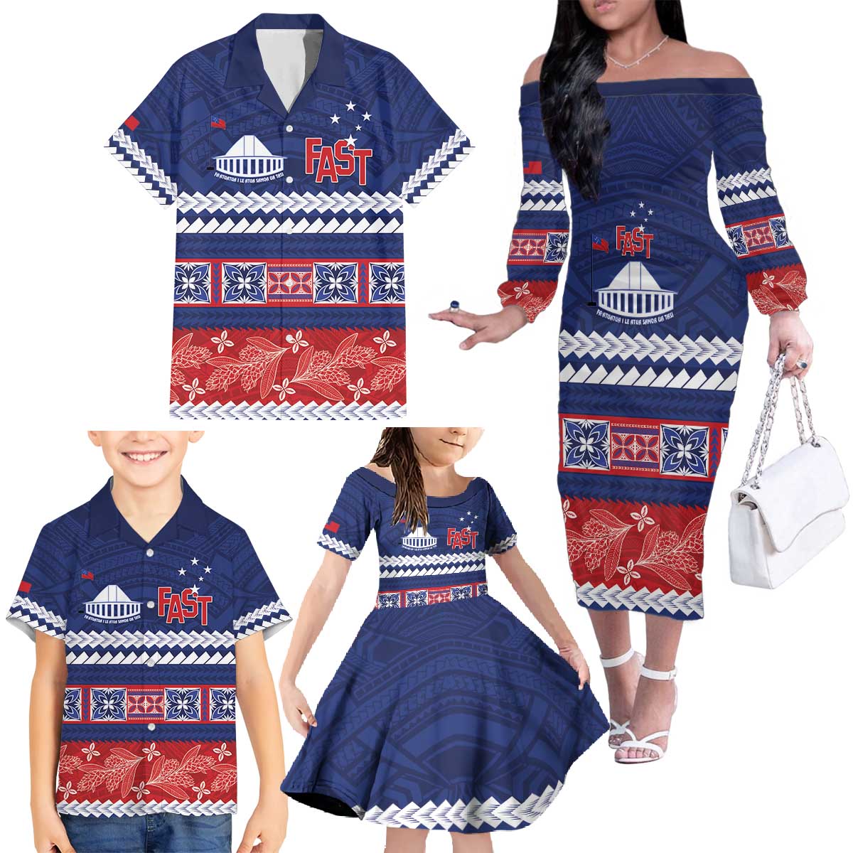 Personalised FAST Samoa Siapo Family Matching Off The Shoulder Long Sleeve Dress and Hawaiian Shirt Teuila Flowers Samoan Pattern LT14 - Polynesian Pride