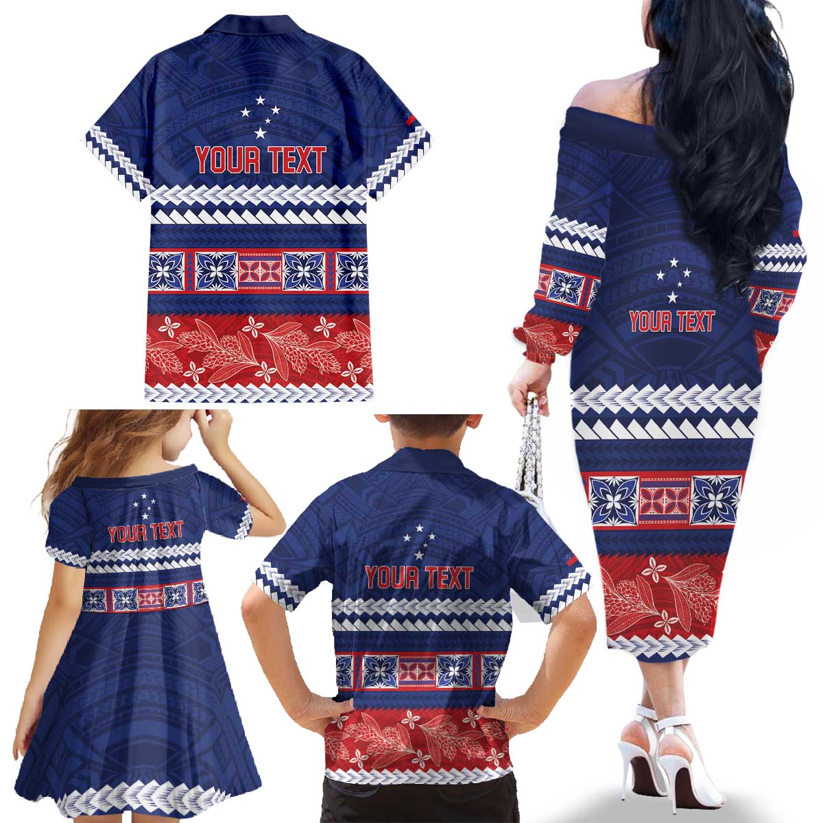 Personalised FAST Samoa Siapo Family Matching Off The Shoulder Long Sleeve Dress and Hawaiian Shirt Teuila Flowers Samoan Pattern LT14 - Polynesian Pride
