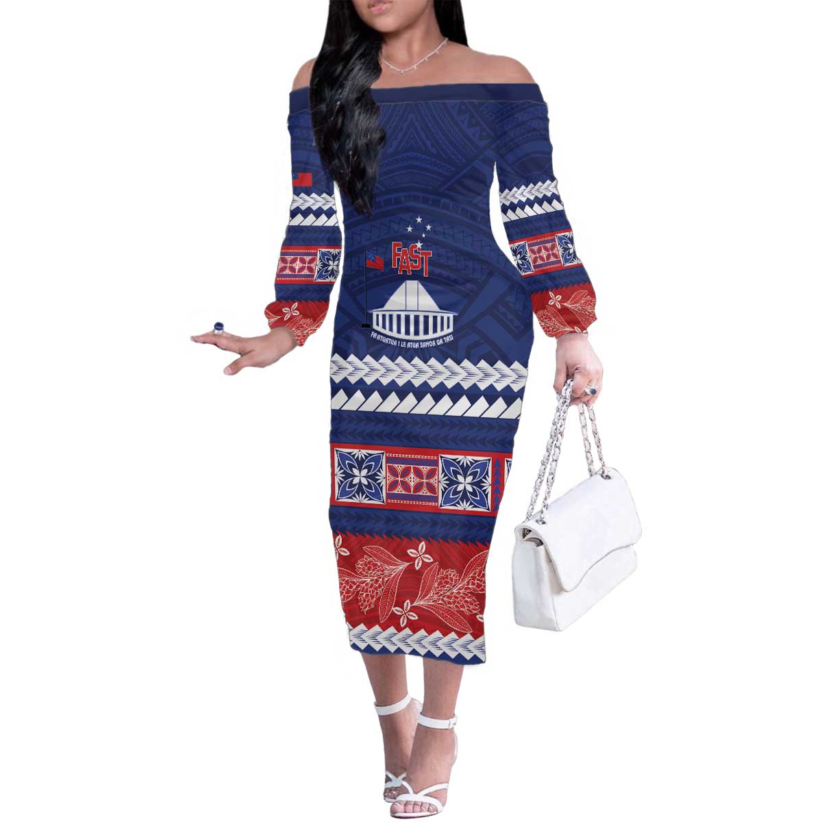 Personalised FAST Samoa Siapo Family Matching Off The Shoulder Long Sleeve Dress and Hawaiian Shirt Teuila Flowers Samoan Pattern LT14 Mom's Dress Blue - Polynesian Pride