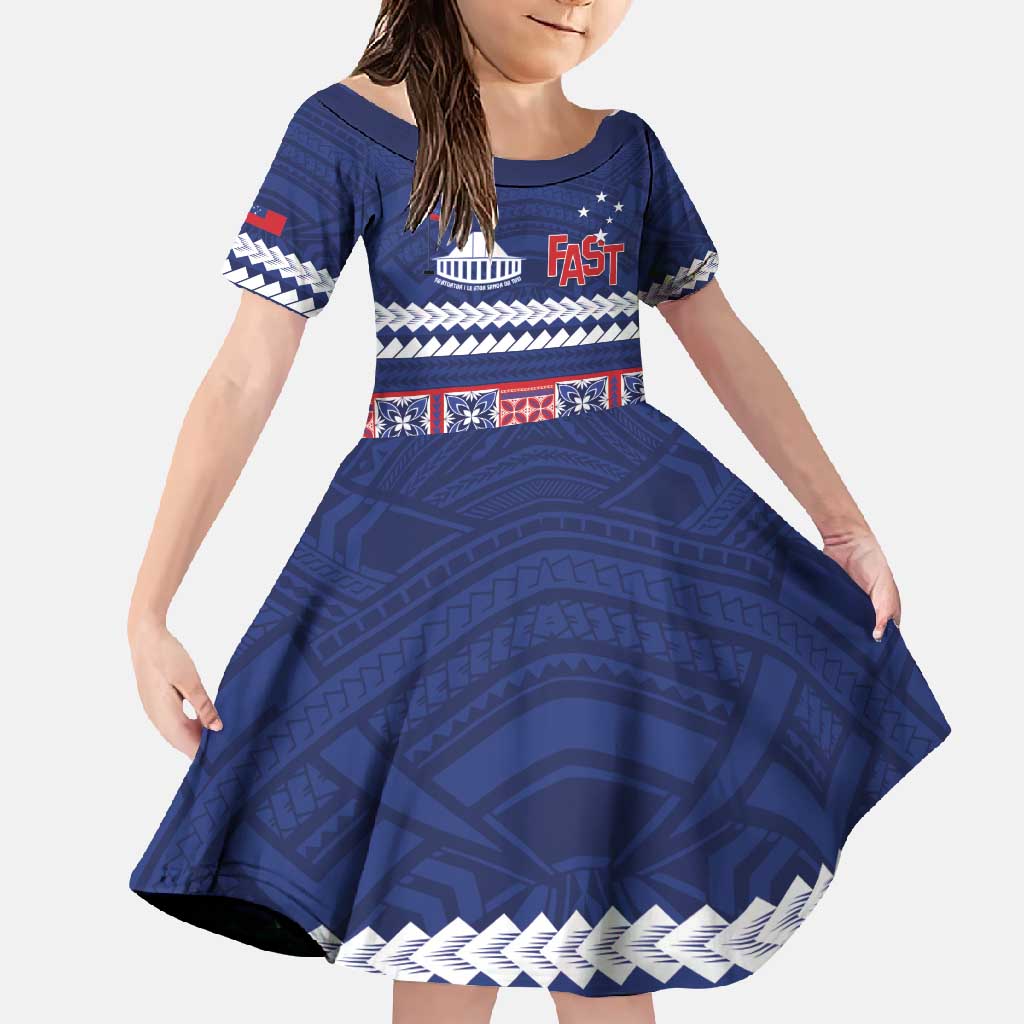 Personalised FAST Samoa Siapo Family Matching Off Shoulder Maxi Dress and Hawaiian Shirt Teuila Flowers Samoan Pattern LT14 Daughter's Dress Blue - Polynesian Pride