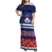 Personalised FAST Samoa Siapo Family Matching Off Shoulder Maxi Dress and Hawaiian Shirt Teuila Flowers Samoan Pattern LT14 Mom's Dress Blue - Polynesian Pride