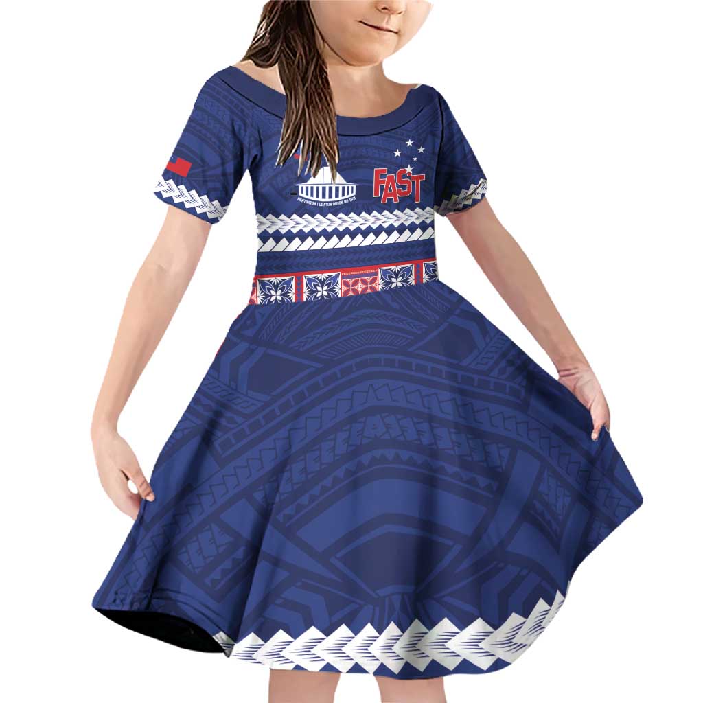 Personalised FAST Samoa Siapo Family Matching Off Shoulder Short Dress and Hawaiian Shirt Teuila Flowers Samoan Pattern LT14 Daughter's Dress Blue - Polynesian Pride