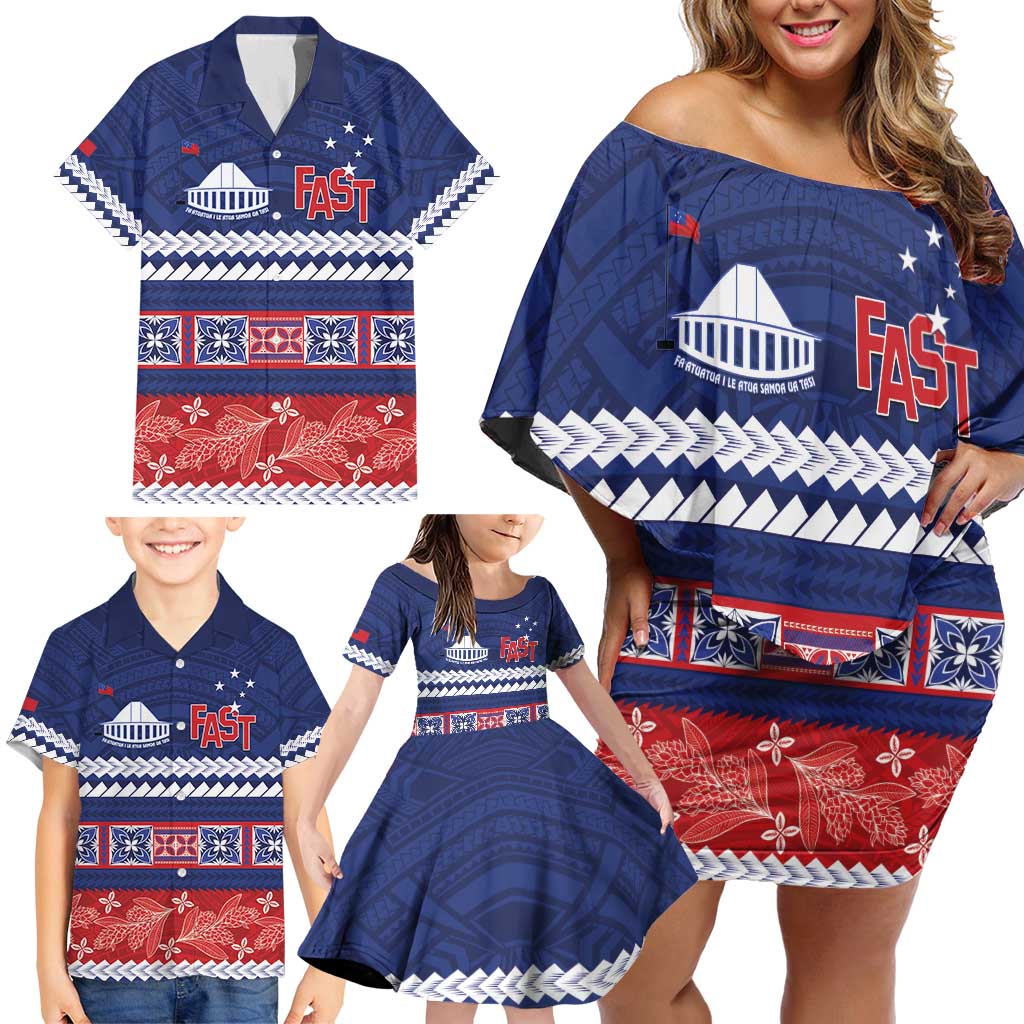 Personalised FAST Samoa Siapo Family Matching Off Shoulder Short Dress and Hawaiian Shirt Teuila Flowers Samoan Pattern LT14 - Polynesian Pride