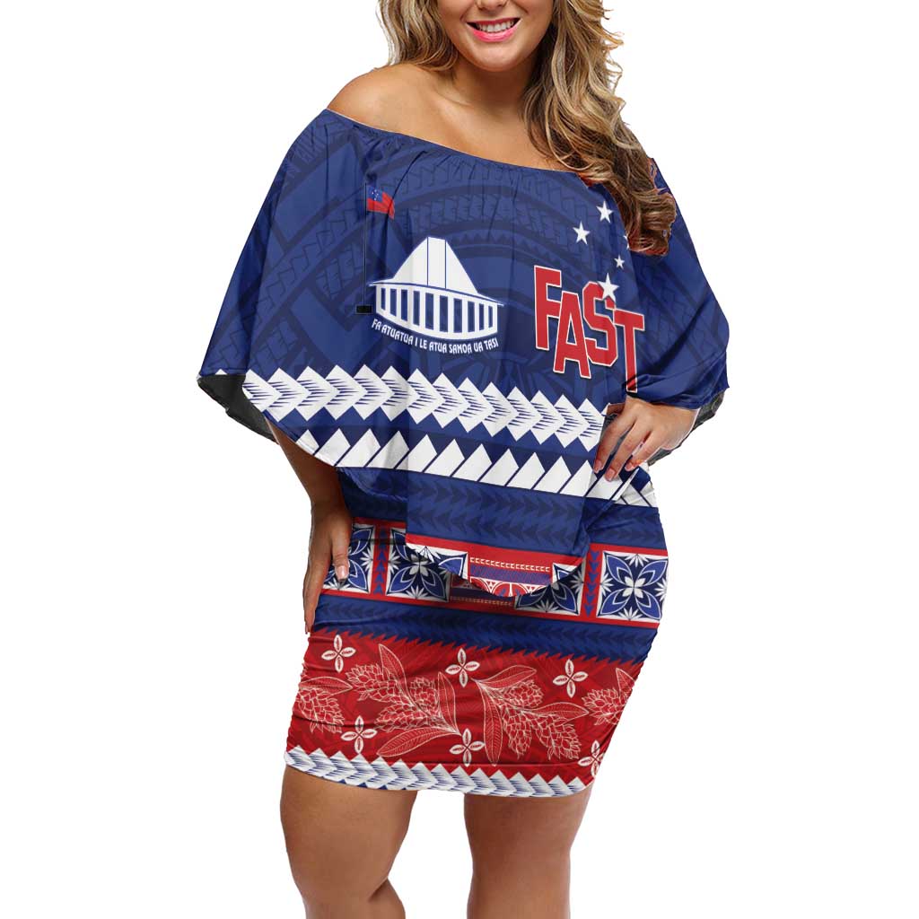 Personalised FAST Samoa Siapo Family Matching Off Shoulder Short Dress and Hawaiian Shirt Teuila Flowers Samoan Pattern LT14 Mom's Dress Blue - Polynesian Pride
