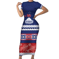 Personalised FAST Samoa Siapo Family Matching Short Sleeve Bodycon Dress and Hawaiian Shirt Teuila Flowers Samoan Pattern LT14 Mom's Dress Blue - Polynesian Pride