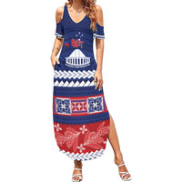 Personalised FAST Samoa Siapo Family Matching Summer Maxi Dress and Hawaiian Shirt Teuila Flowers Samoan Pattern LT14 Mom's Dress Blue - Polynesian Pride