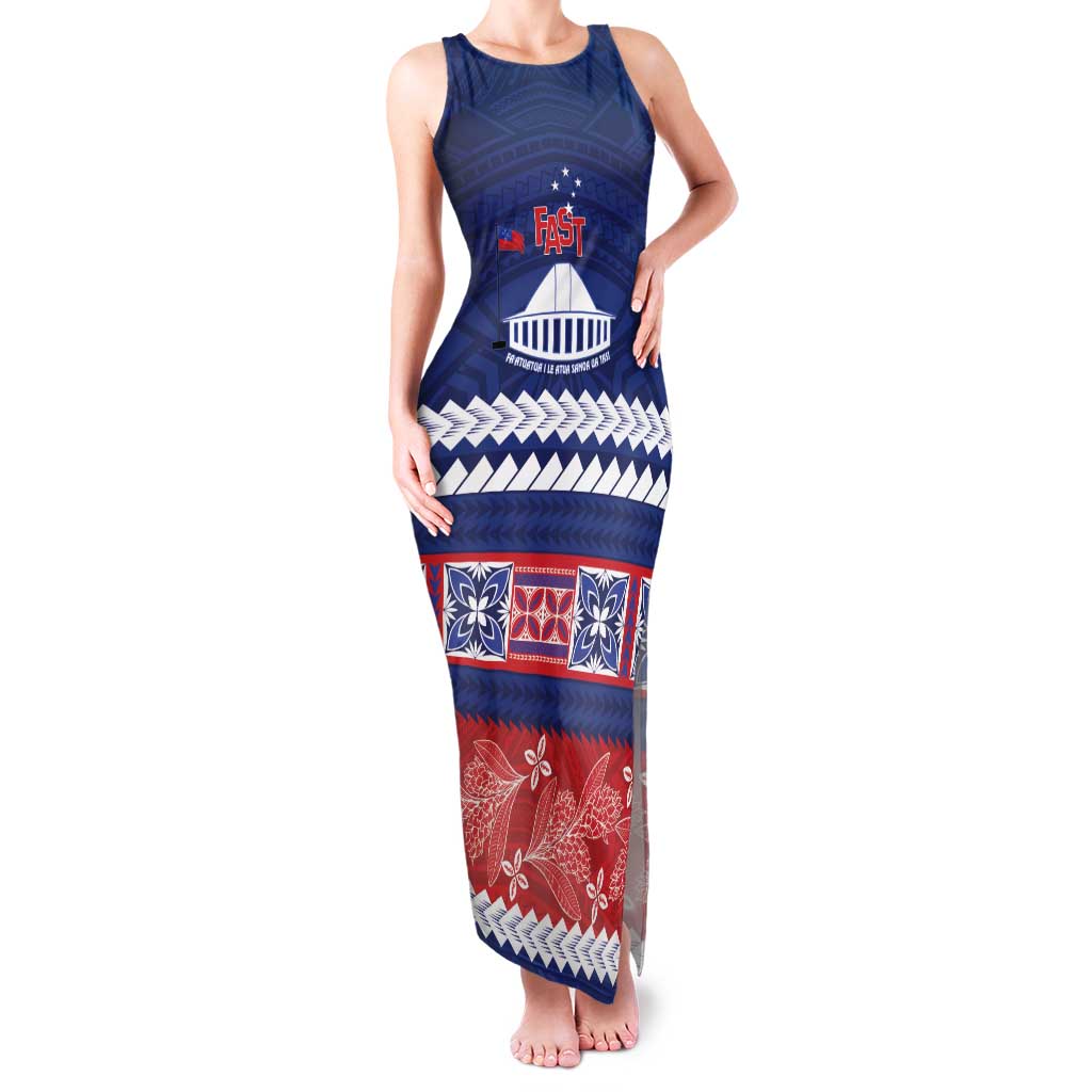 Personalised FAST Samoa Siapo Family Matching Tank Maxi Dress and Hawaiian Shirt Teuila Flowers Samoan Pattern LT14 Mom's Dress Blue - Polynesian Pride