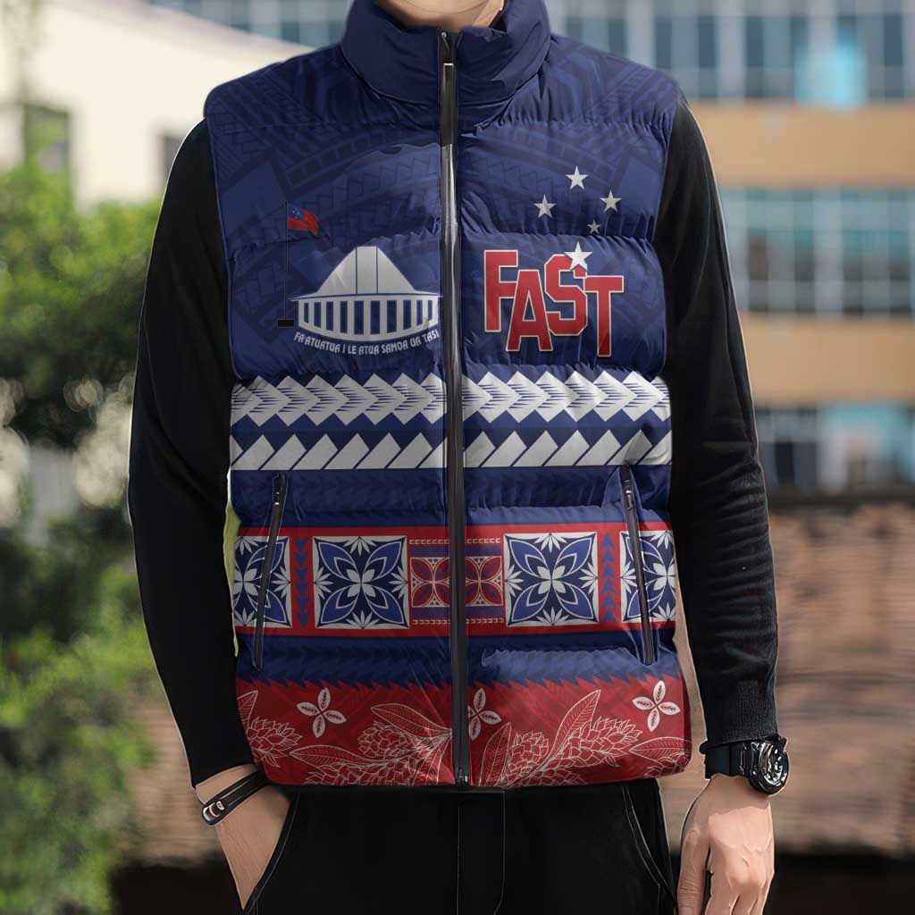 Personalised FAST Samoa Siapo Sleeveless Puffer Jacket Teuila Flowers Samoan Pattern - Polynesian Pride