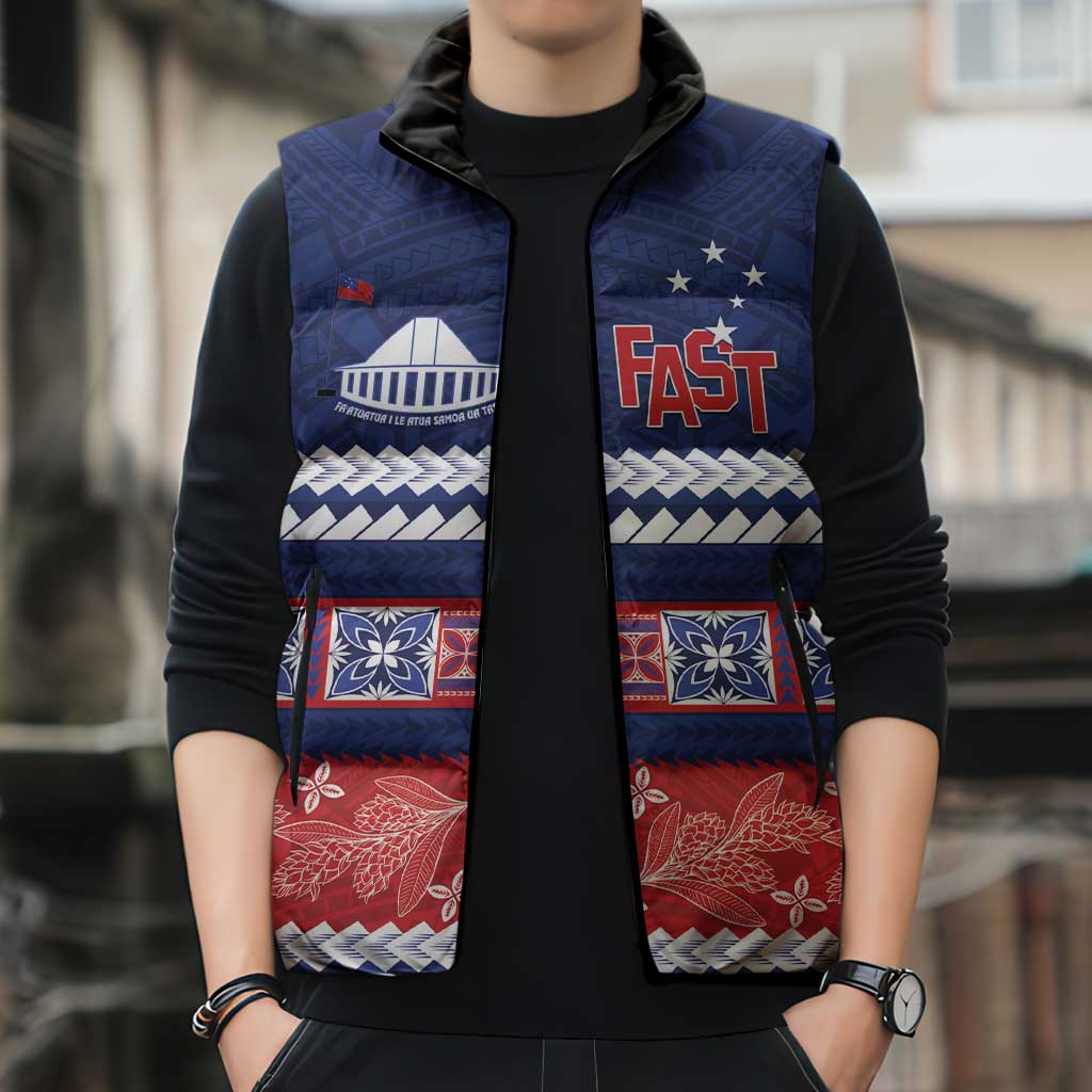Personalised FAST Samoa Siapo Sleeveless Puffer Jacket Teuila Flowers Samoan Pattern - Polynesian Pride