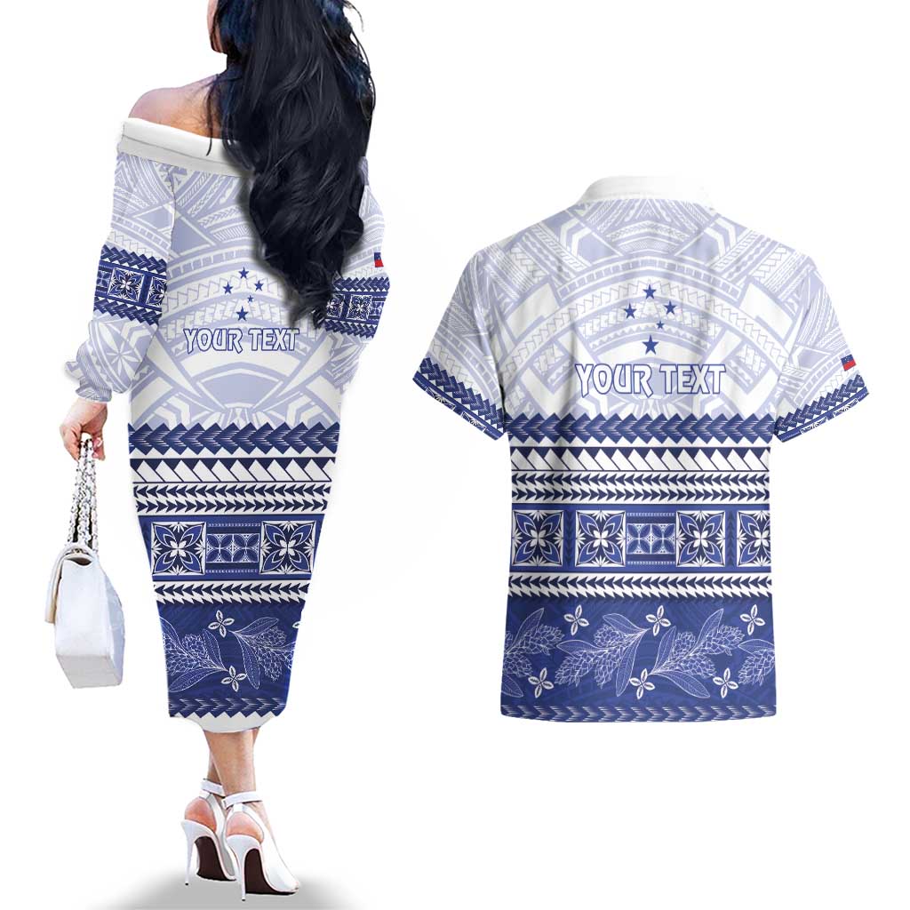 Personalised HRPP Samoa Siapo Couples Matching Off The Shoulder Long Sleeve Dress and Hawaiian Shirt Teuila Flowers Samoan Pattern LT14 - Polynesian Pride