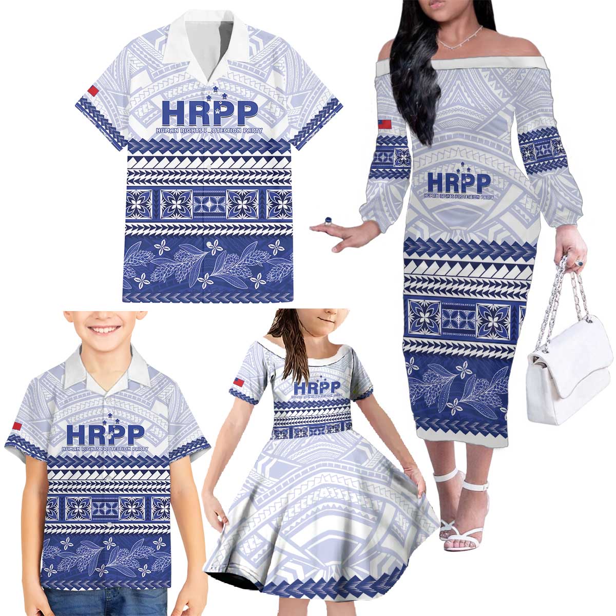 Personalised HRPP Samoa Siapo Family Matching Off The Shoulder Long Sleeve Dress and Hawaiian Shirt Teuila Flowers Samoan Pattern LT14 - Polynesian Pride