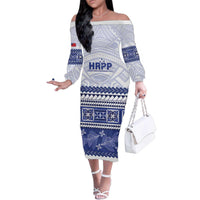 Personalised HRPP Samoa Siapo Family Matching Off The Shoulder Long Sleeve Dress and Hawaiian Shirt Teuila Flowers Samoan Pattern LT14 Mom's Dress White - Polynesian Pride