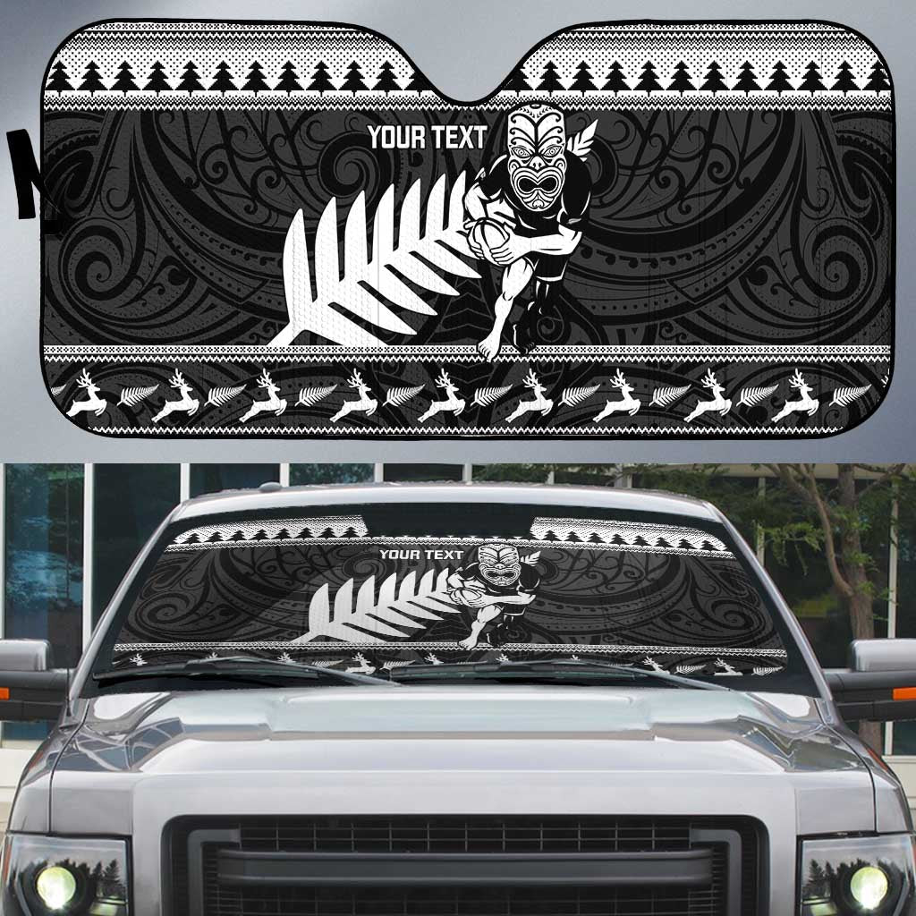 New Zealand Christmas Rugby Personalised Auto Sun Shade Meri Kirihimete All Black Maori LT14 Black - Polynesian Pride