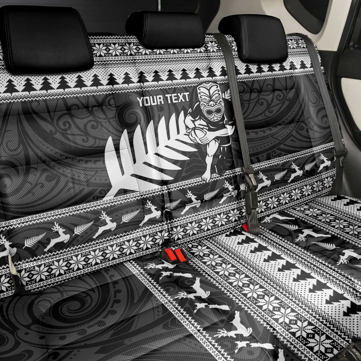 New Zealand Christmas Rugby Personalised Back Car Seat Cover Meri Kirihimete All Black Maori LT14 - Polynesian Pride