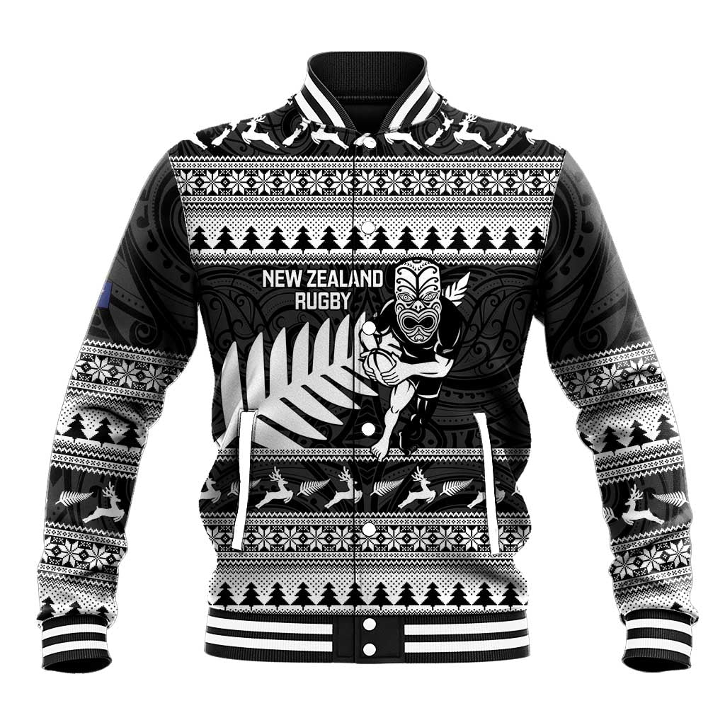New Zealand Christmas Rugby Personalised Baseball Jacket Meri Kirihimete All Black Maori LT14 Unisex Black - Polynesian Pride