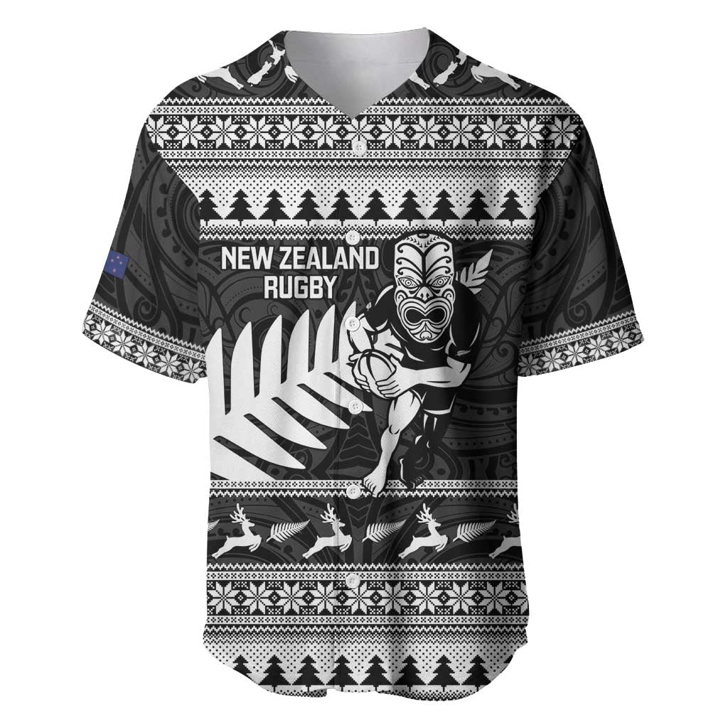 New Zealand Christmas Rugby Personalised Baseball Jersey Meri Kirihimete All Black Maori LT14 Black - Polynesian Pride