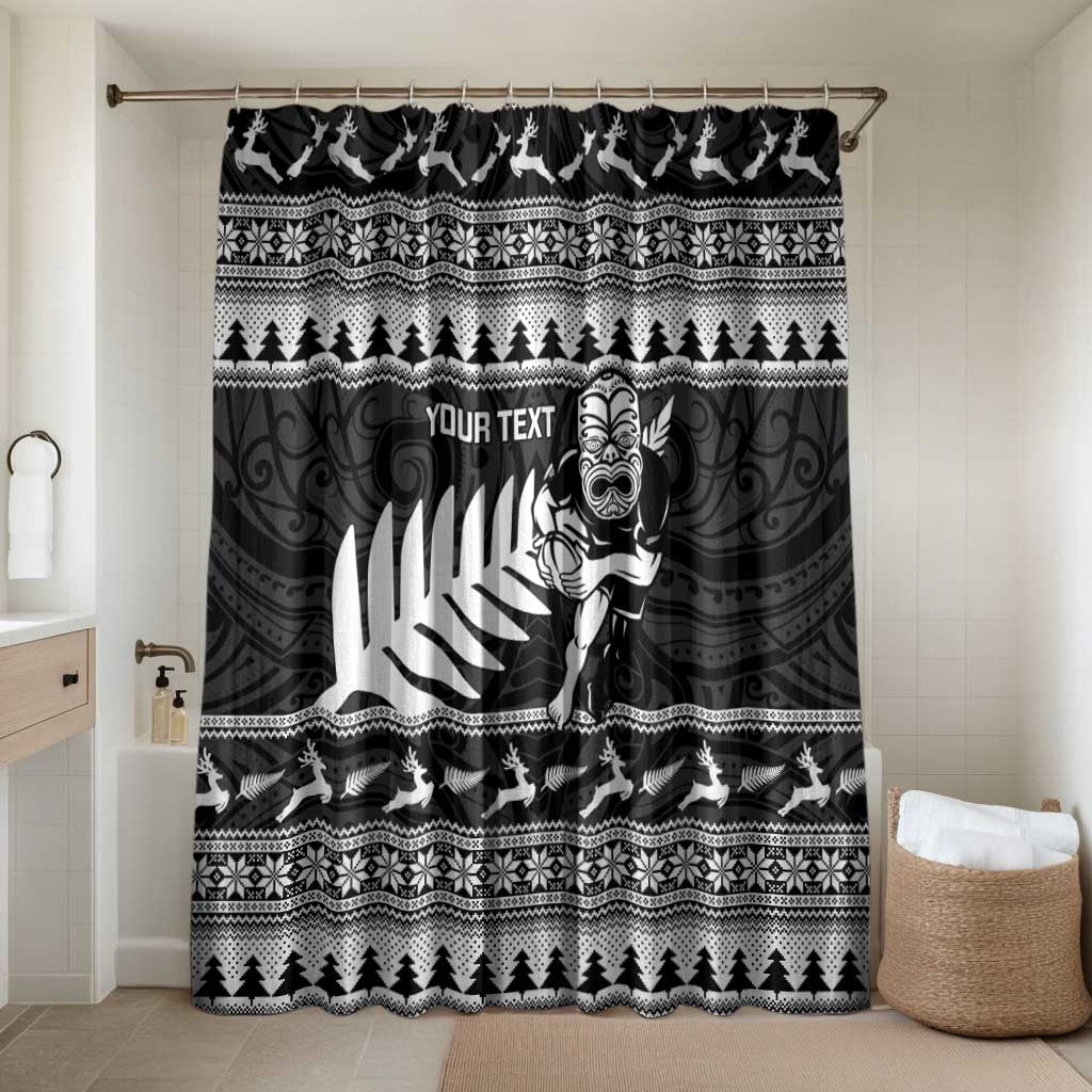 New Zealand Christmas Rugby Personalised Bathroom Set Meri Kirihimete All Black Maori LT14 Shower Curtain Only Black - Polynesian Pride