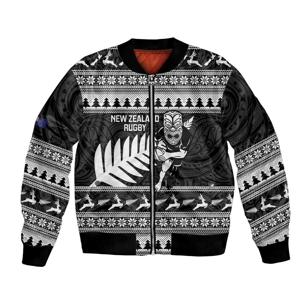 New Zealand Christmas Rugby Personalised Bomber Jacket Meri Kirihimete All Black Maori LT14 Unisex Black - Polynesian Pride