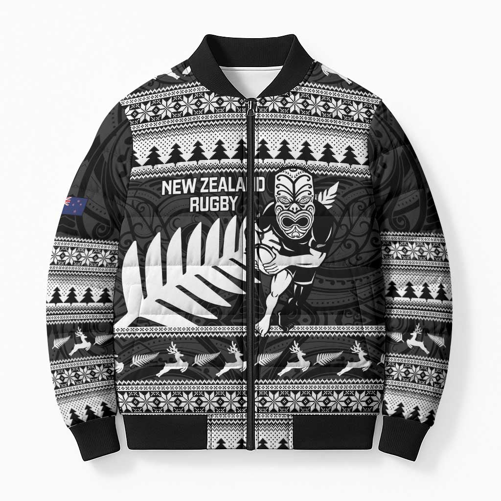 New Zealand Christmas Rugby Personalised Bomber Puffer Jacket Meri Kirihimete All Black Maori LT14 Unisex Black - Polynesian Pride
