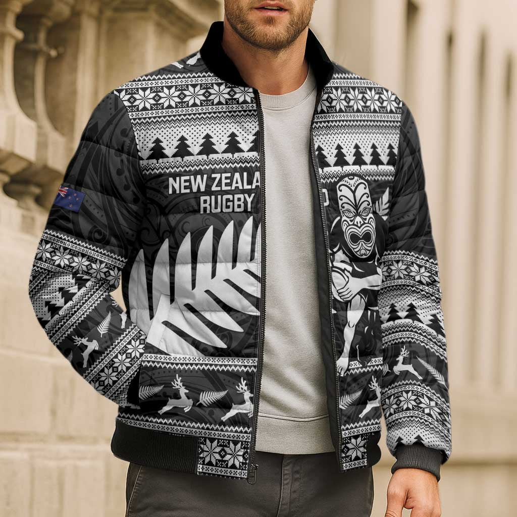 New Zealand Christmas Rugby Personalised Bomber Puffer Jacket Meri Kirihimete All Black Maori LT14 - Polynesian Pride