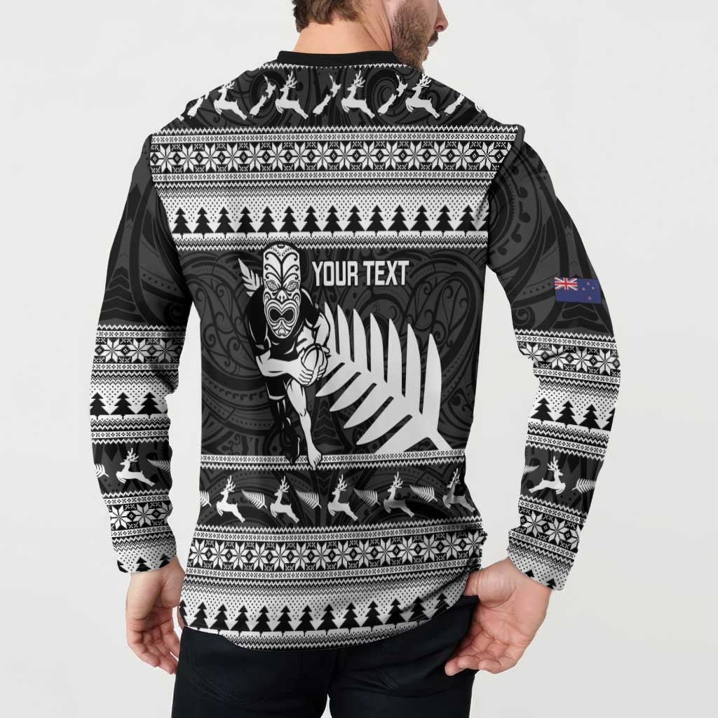 New Zealand Christmas Rugby Personalised Button Sweatshirt Meri Kirihimete All Black Maori LT14 - Polynesian Pride
