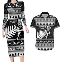 New Zealand Christmas Rugby Personalised Couples Matching Long Sleeve Bodycon Dress and Hawaiian Shirt Meri Kirihimete All Black Maori LT14 Black - Polynesian Pride
