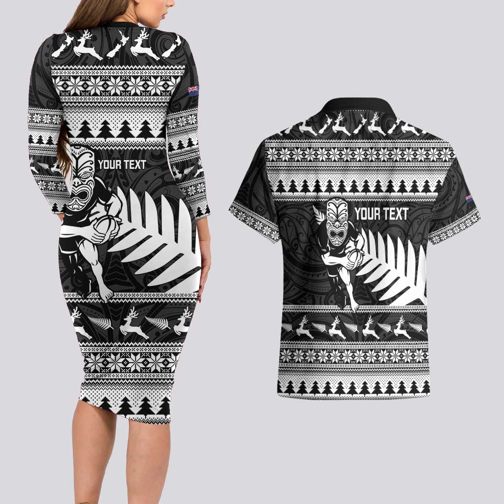 New Zealand Christmas Rugby Personalised Couples Matching Long Sleeve Bodycon Dress and Hawaiian Shirt Meri Kirihimete All Black Maori LT14 - Polynesian Pride