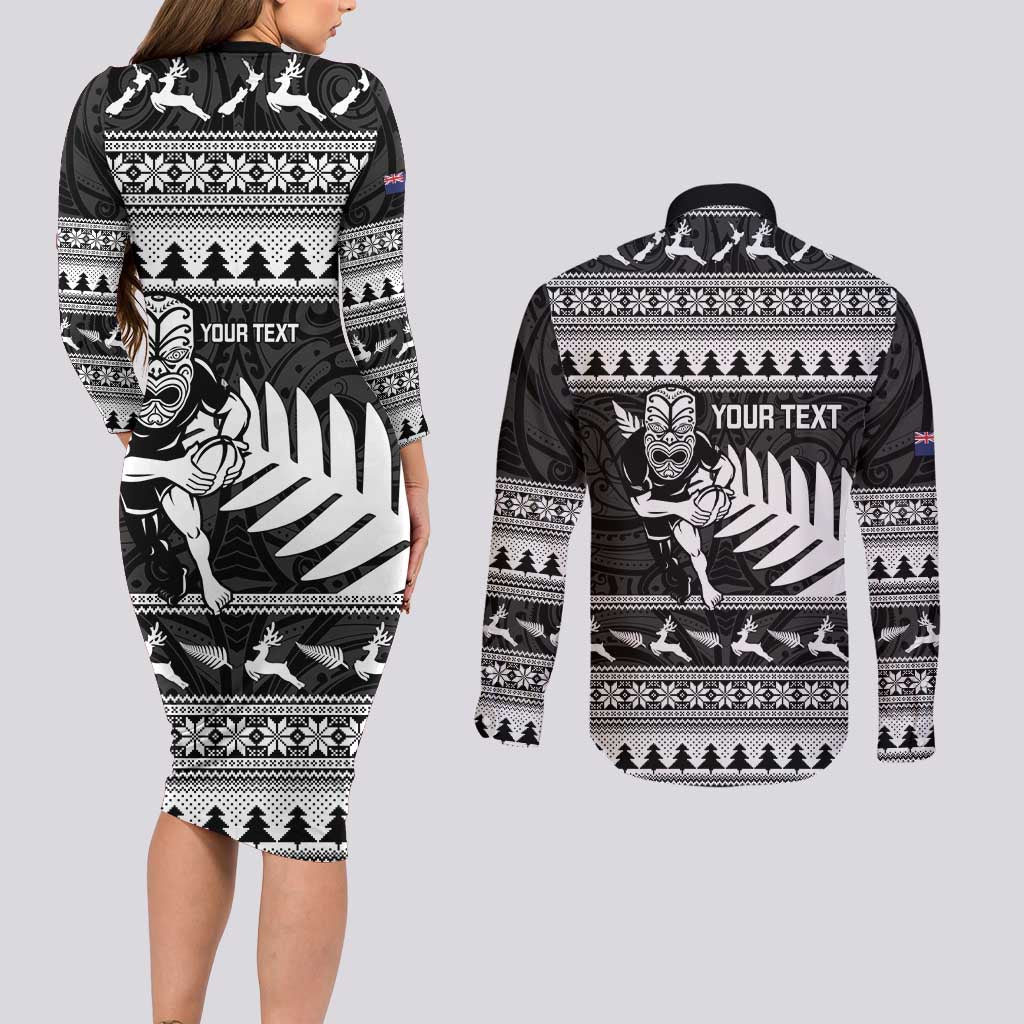 New Zealand Christmas Rugby Personalised Couples Matching Long Sleeve Bodycon Dress and Long Sleeve Button Shirt Meri Kirihimete All Black Maori LT14 - Polynesian Pride