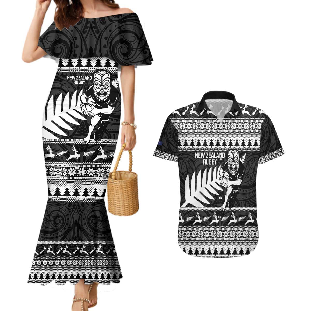 New Zealand Christmas Rugby Personalised Couples Matching Mermaid Dress and Hawaiian Shirt Meri Kirihimete All Black Maori LT14 Black - Polynesian Pride