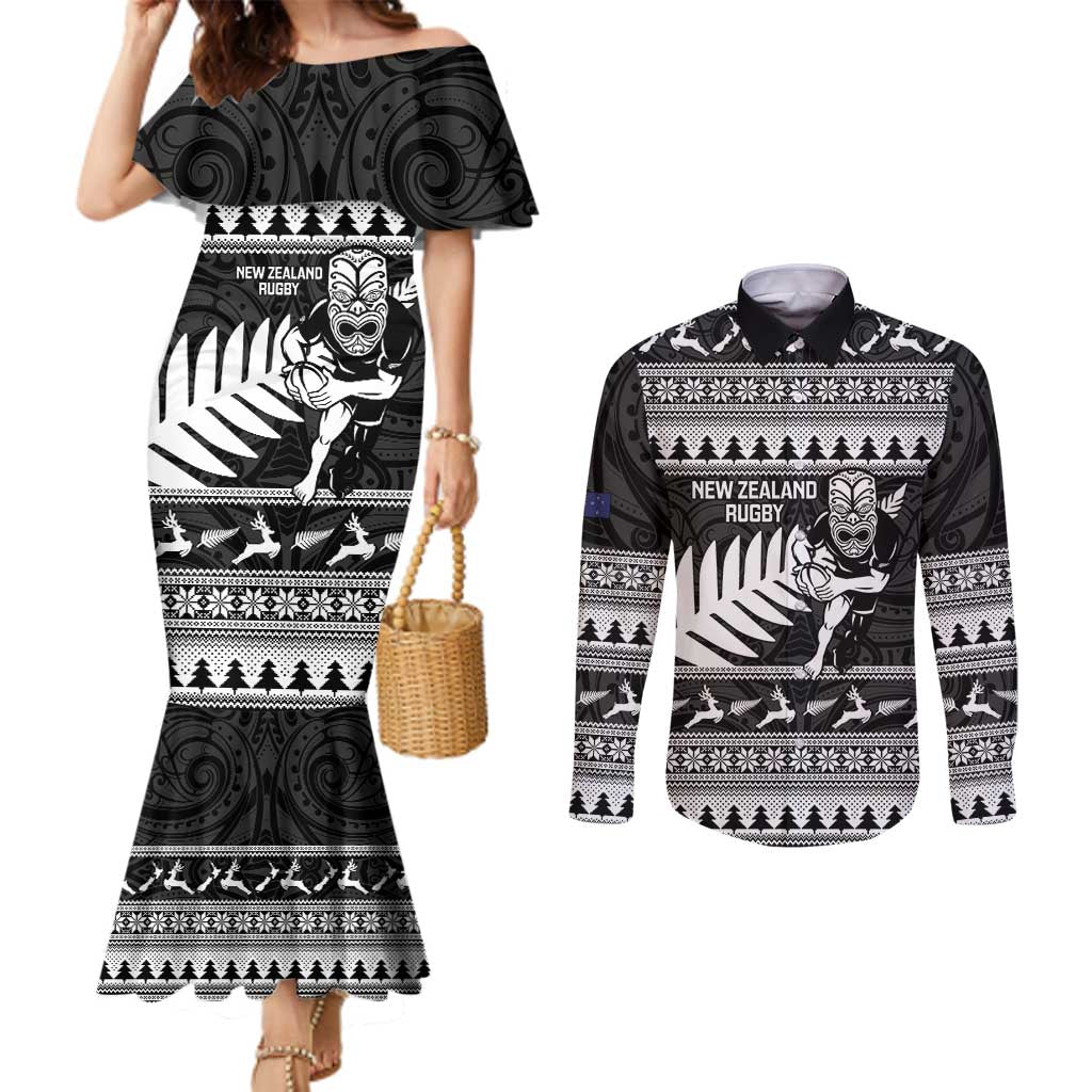 New Zealand Christmas Rugby Personalised Couples Matching Mermaid Dress and Long Sleeve Button Shirt Meri Kirihimete All Black Maori LT14 Black - Polynesian Pride