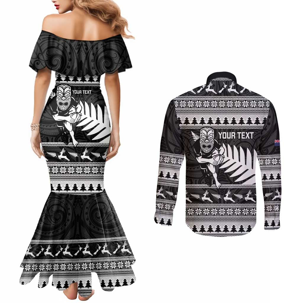 New Zealand Christmas Rugby Personalised Couples Matching Mermaid Dress and Long Sleeve Button Shirt Meri Kirihimete All Black Maori LT14 - Polynesian Pride
