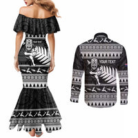 New Zealand Christmas Rugby Personalised Couples Matching Mermaid Dress and Long Sleeve Button Shirt Meri Kirihimete All Black Maori LT14 - Polynesian Pride