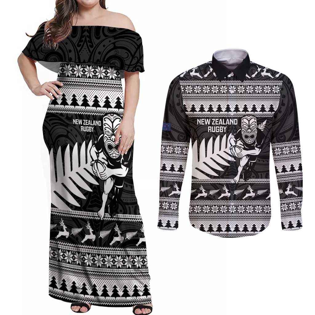 New Zealand Christmas Rugby Personalised Couples Matching Off Shoulder Maxi Dress and Long Sleeve Button Shirt Meri Kirihimete All Black Maori LT14 Black - Polynesian Pride