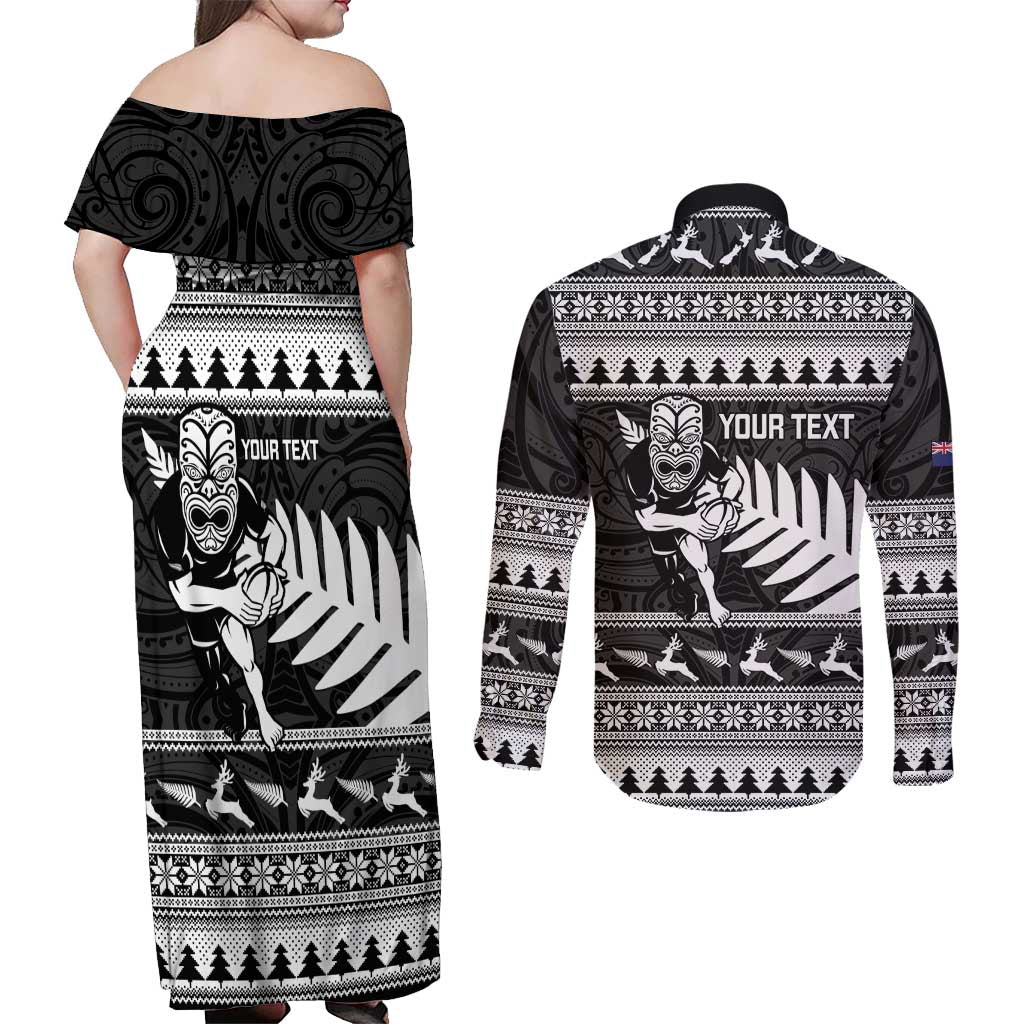 New Zealand Christmas Rugby Personalised Couples Matching Off Shoulder Maxi Dress and Long Sleeve Button Shirt Meri Kirihimete All Black Maori LT14 - Polynesian Pride