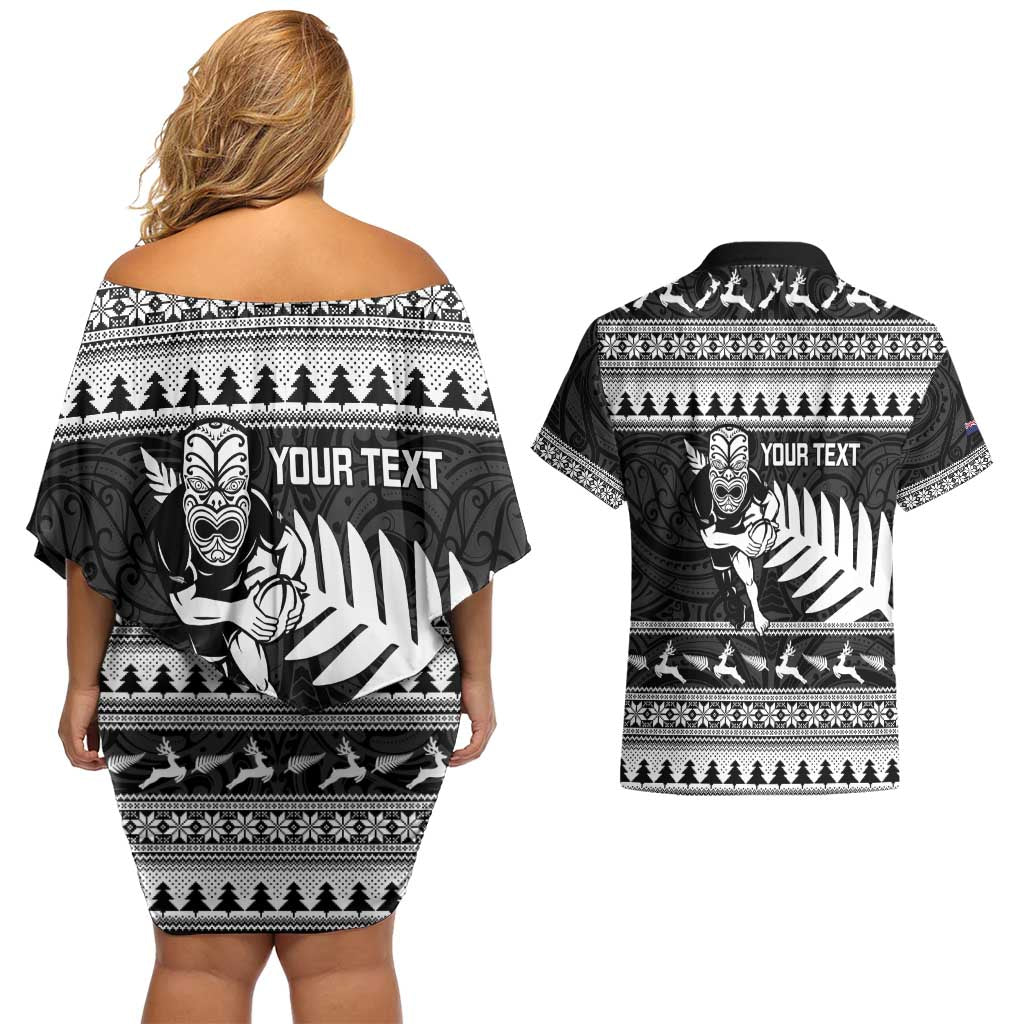 New Zealand Christmas Rugby Personalised Couples Matching Off Shoulder Short Dress and Hawaiian Shirt Meri Kirihimete All Black Maori LT14 - Polynesian Pride