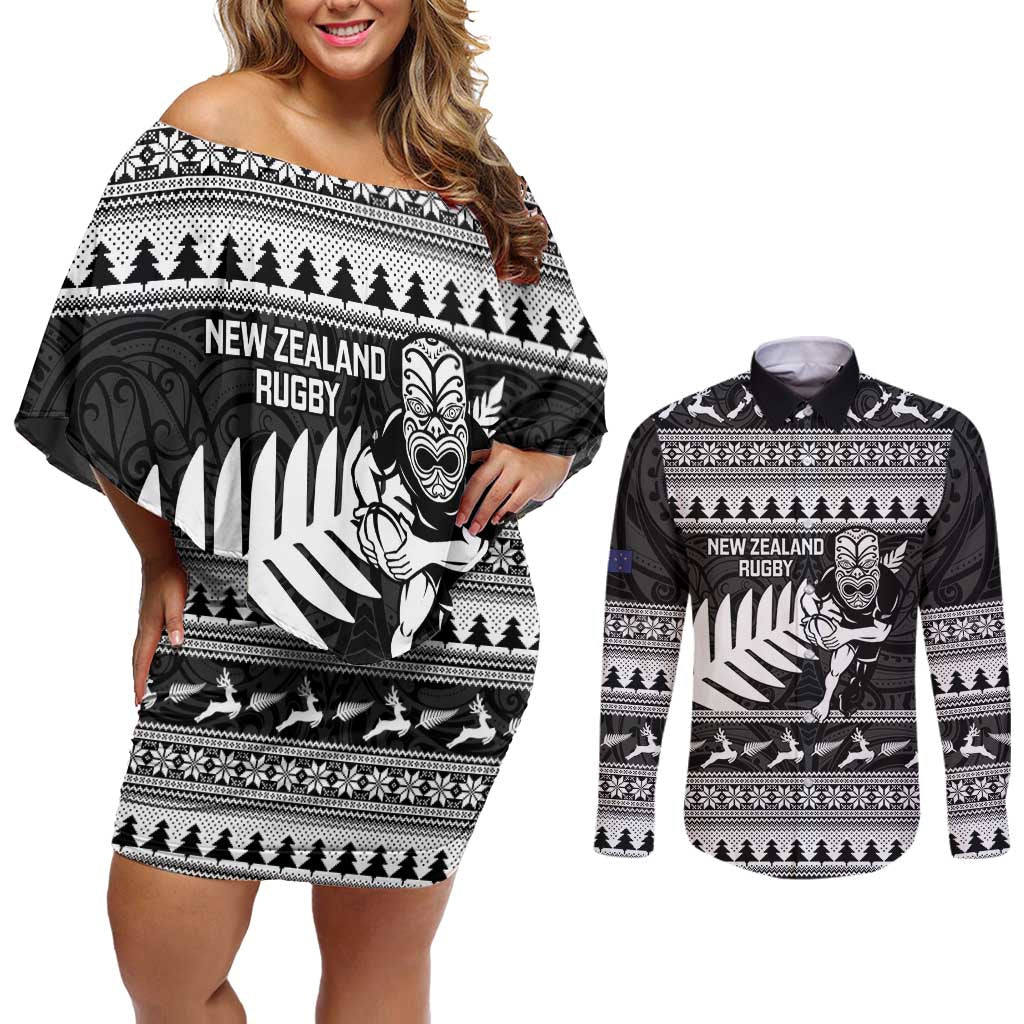 New Zealand Christmas Rugby Personalised Couples Matching Off Shoulder Short Dress and Long Sleeve Button Shirt Meri Kirihimete All Black Maori LT14 Black - Polynesian Pride