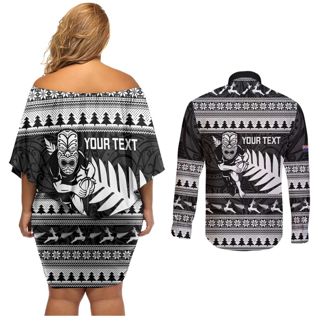 New Zealand Christmas Rugby Personalised Couples Matching Off Shoulder Short Dress and Long Sleeve Button Shirt Meri Kirihimete All Black Maori LT14 - Polynesian Pride