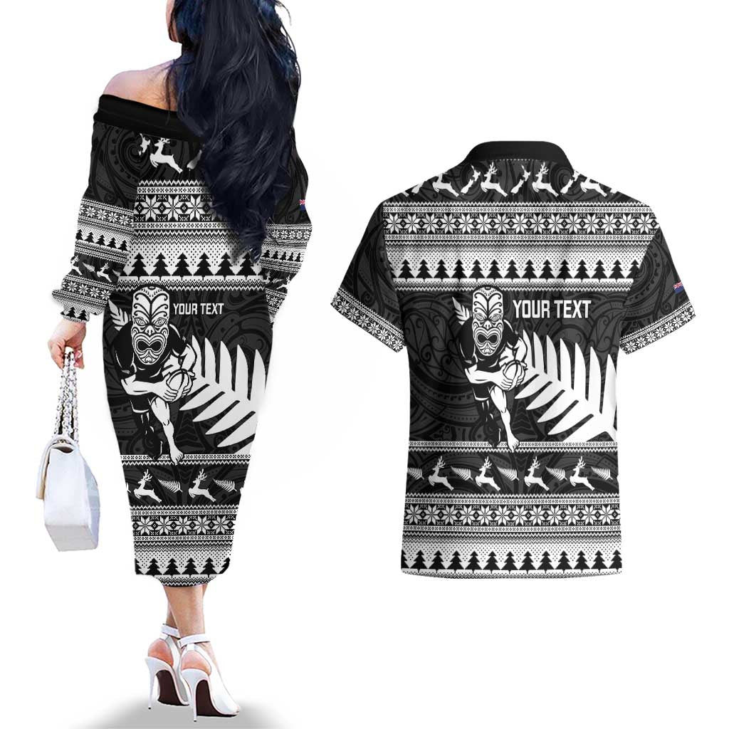 New Zealand Christmas Rugby Personalised Couples Matching Off The Shoulder Long Sleeve Dress and Hawaiian Shirt Meri Kirihimete All Black Maori LT14 - Polynesian Pride