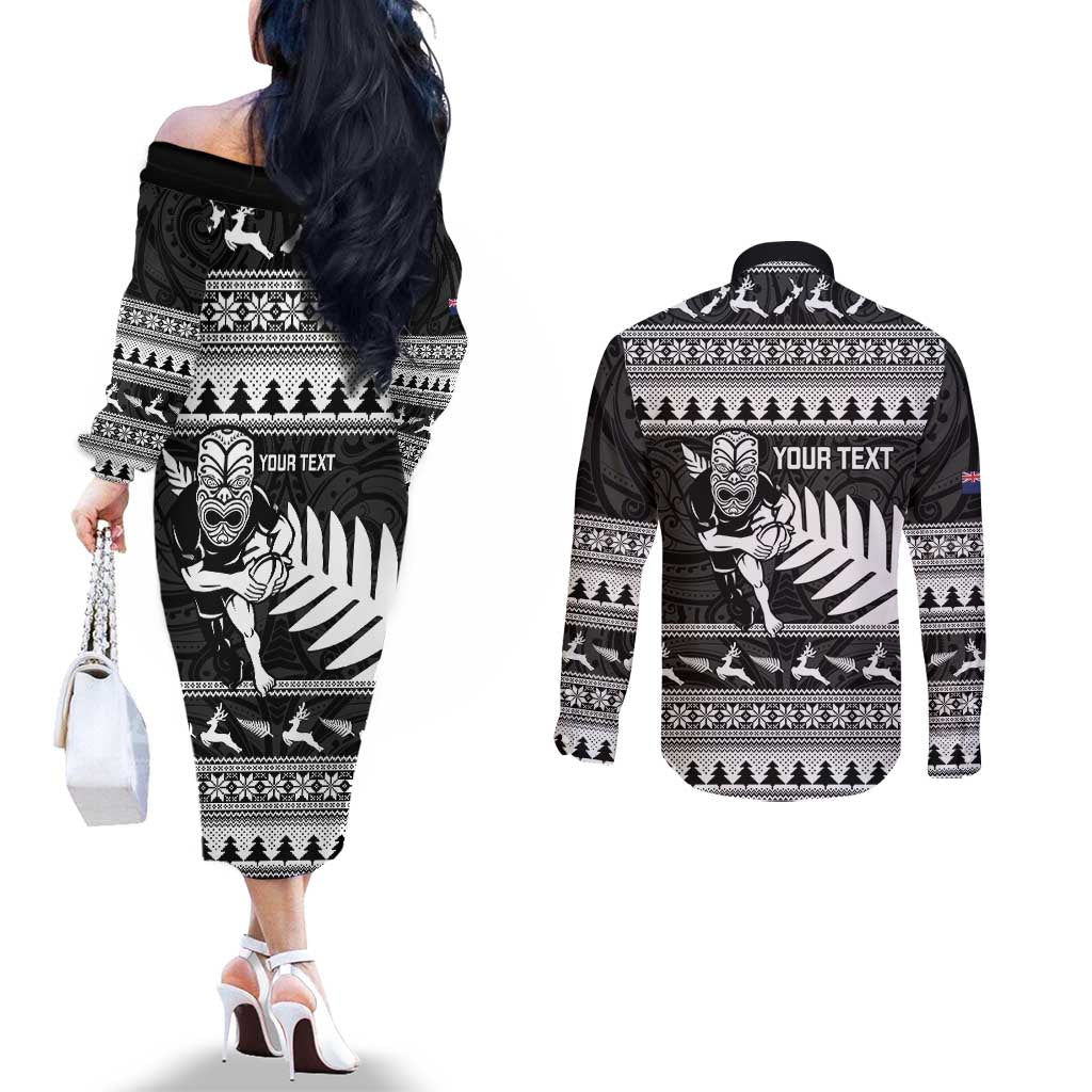 New Zealand Christmas Rugby Personalised Couples Matching Off The Shoulder Long Sleeve Dress and Long Sleeve Button Shirt Meri Kirihimete All Black Maori LT14 - Polynesian Pride