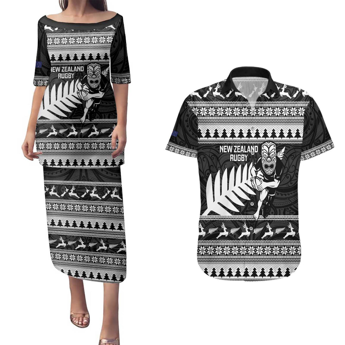 New Zealand Christmas Rugby Personalised Couples Matching Puletasi and Hawaiian Shirt Meri Kirihimete All Black Maori LT14 Black - Polynesian Pride