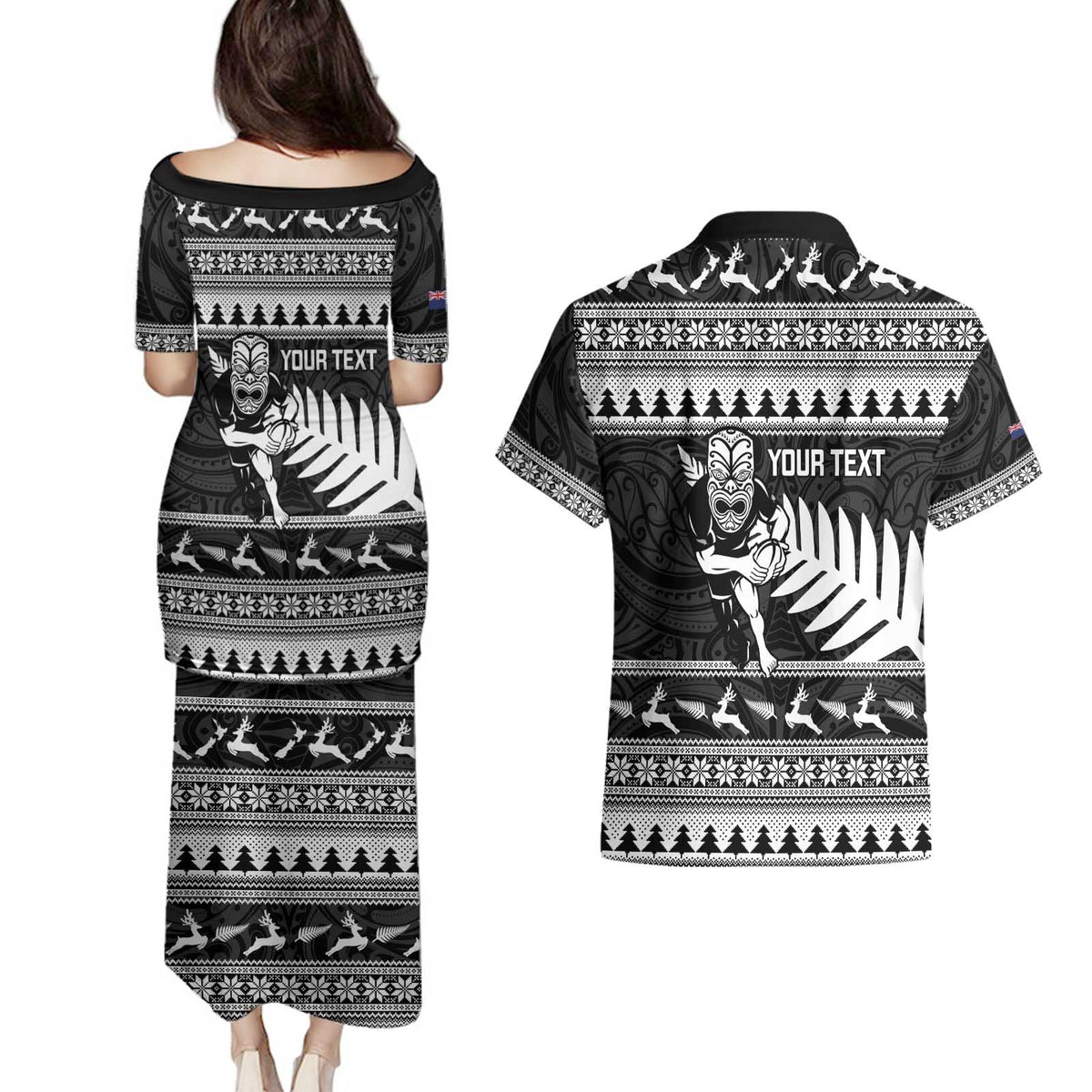 New Zealand Christmas Rugby Personalised Couples Matching Puletasi and Hawaiian Shirt Meri Kirihimete All Black Maori LT14 - Polynesian Pride