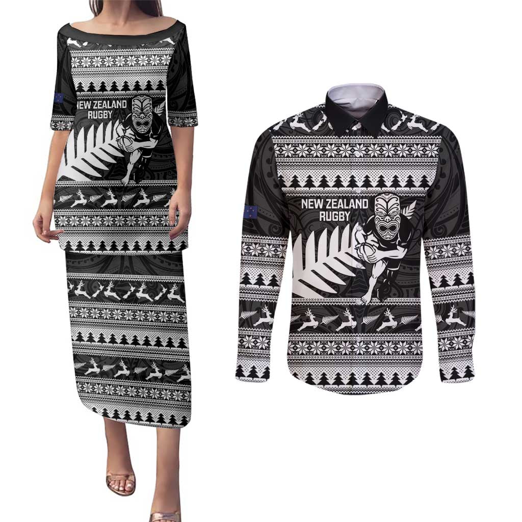 New Zealand Christmas Rugby Personalised Couples Matching Puletasi and Long Sleeve Button Shirt Meri Kirihimete All Black Maori LT14 Black - Polynesian Pride