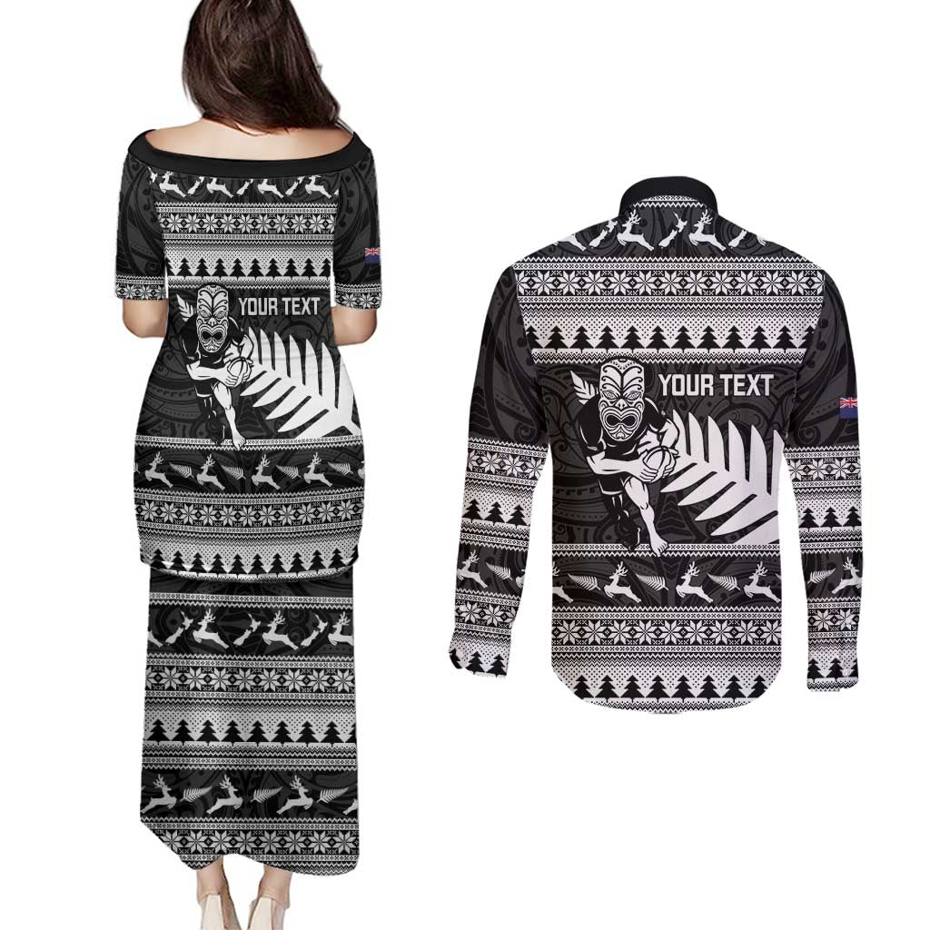 New Zealand Christmas Rugby Personalised Couples Matching Puletasi and Long Sleeve Button Shirt Meri Kirihimete All Black Maori LT14 - Polynesian Pride