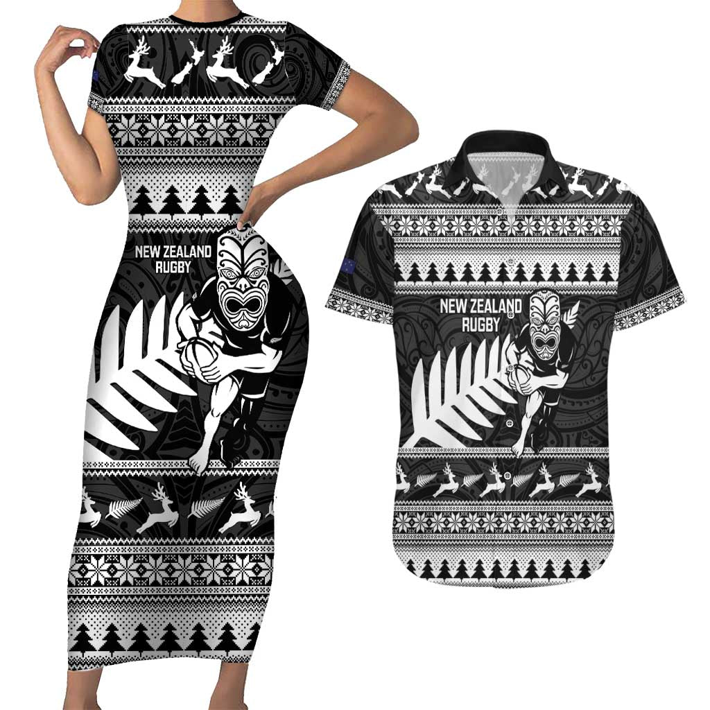 New Zealand Christmas Rugby Personalised Couples Matching Short Sleeve Bodycon Dress and Hawaiian Shirt Meri Kirihimete All Black Maori LT14 Black - Polynesian Pride