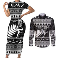 New Zealand Christmas Rugby Personalised Couples Matching Short Sleeve Bodycon Dress and Long Sleeve Button Shirt Meri Kirihimete All Black Maori LT14 Black - Polynesian Pride