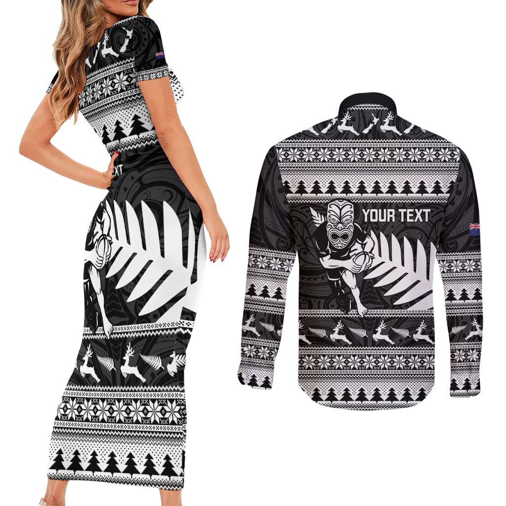 New Zealand Christmas Rugby Personalised Couples Matching Short Sleeve Bodycon Dress and Long Sleeve Button Shirt Meri Kirihimete All Black Maori LT14 - Polynesian Pride