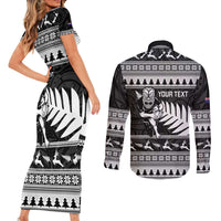 New Zealand Christmas Rugby Personalised Couples Matching Short Sleeve Bodycon Dress and Long Sleeve Button Shirt Meri Kirihimete All Black Maori LT14 - Polynesian Pride