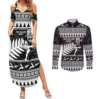 New Zealand Christmas Rugby Personalised Couples Matching Summer Maxi Dress and Long Sleeve Button Shirt Meri Kirihimete All Black Maori LT14 Black - Polynesian Pride